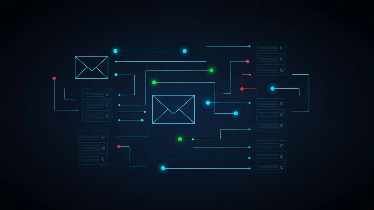 Diagram: A message relayed between mail servers through a sequence of transfer commands — illustrating what is smtp