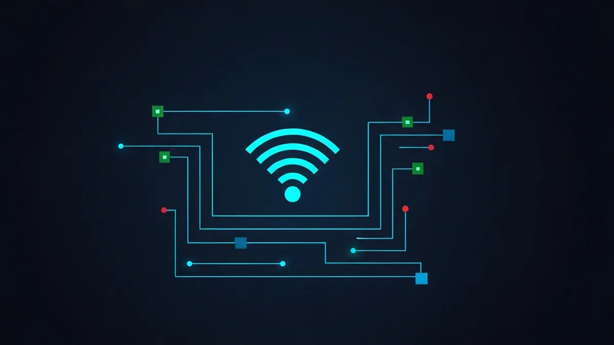 Diagram: An open cafe hotspot broadcasting, with an unseen listener node quietly capturing passing data packets — illustrating how public wifi affects privacy