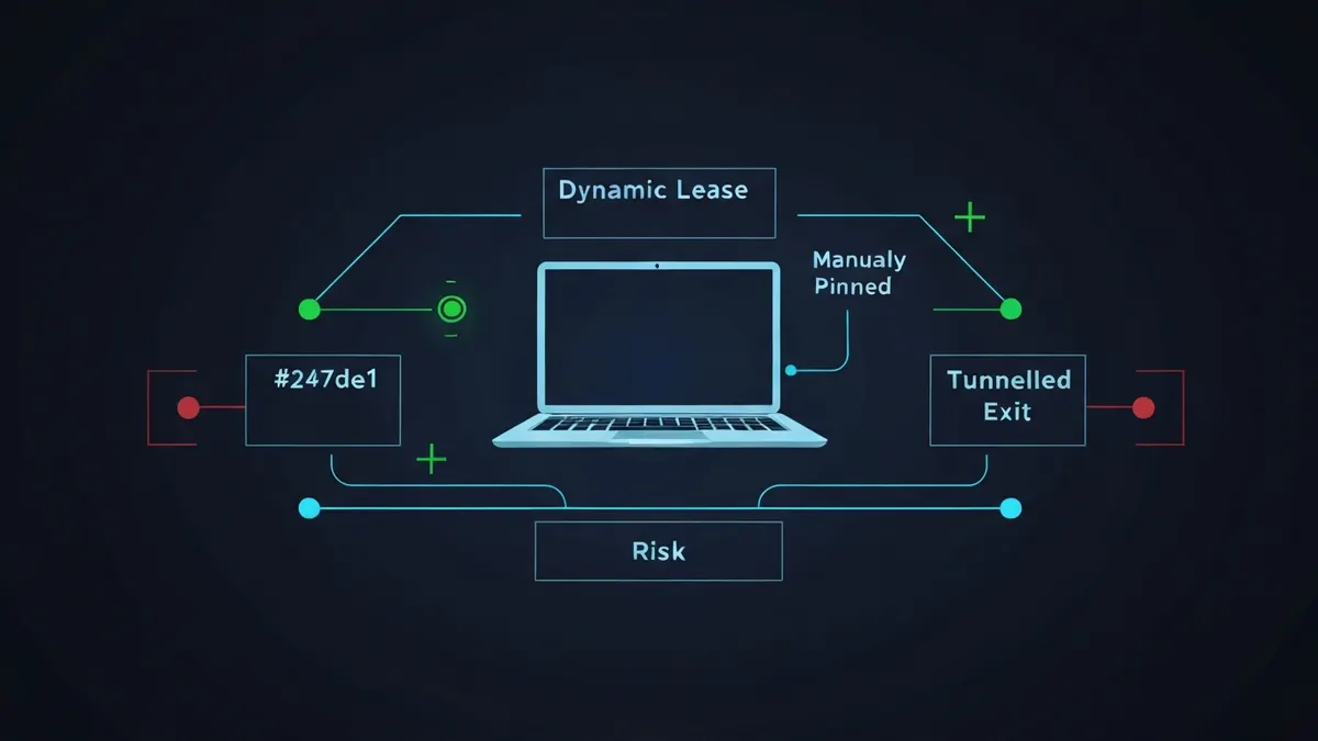 Diagram: A laptop switching between a dynamic lease, a manually pinned address, and a tunnelled exit — illustrating how to change ip on mac