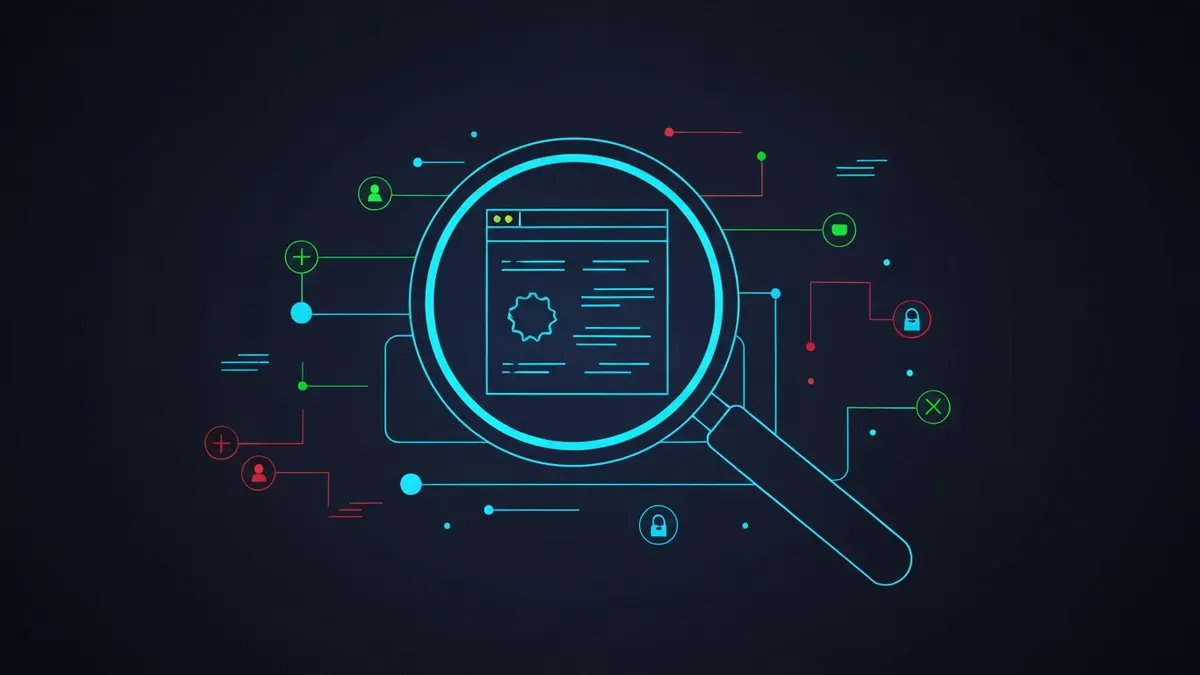 Diagram: A site being inspected through a magnifier against certificate, age, and reputation checkpoints — illustrating how to check if website is safe