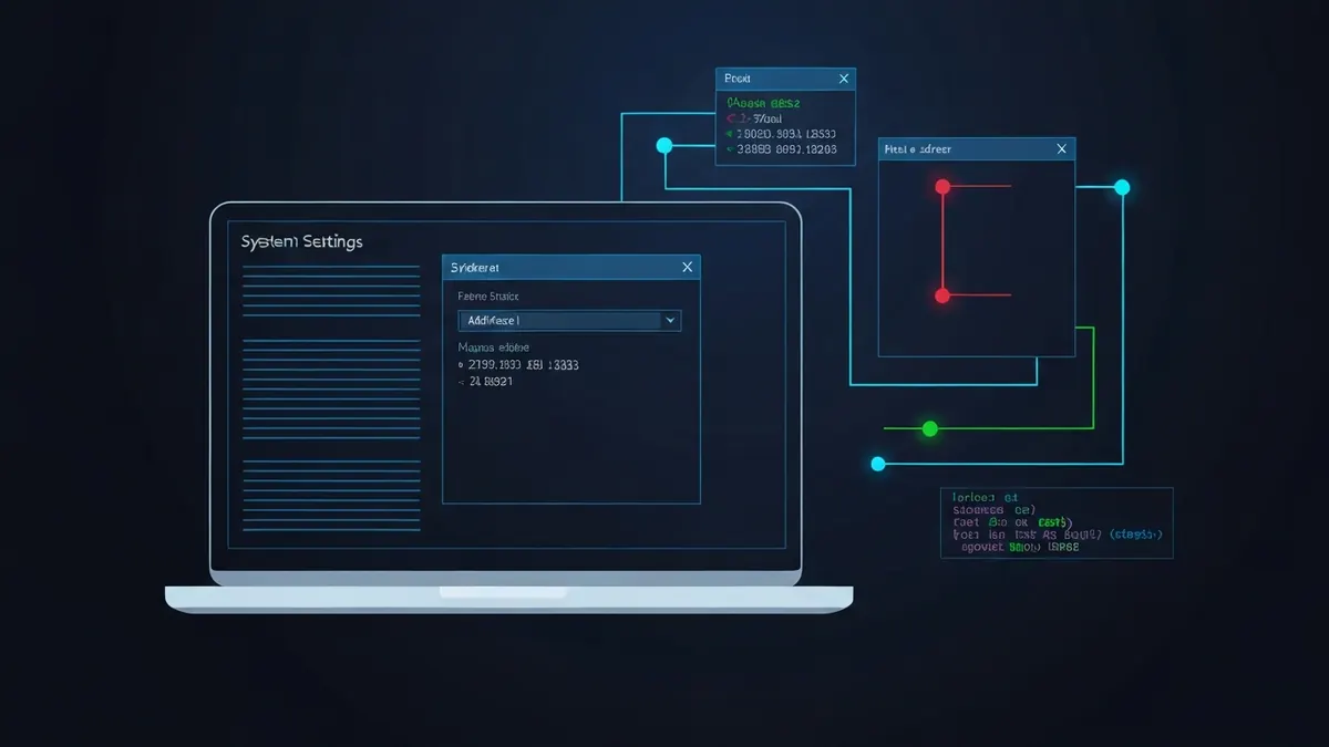 Diagram: A laptop with a system network settings pane and a terminal both surfacing address values — illustrating ip address on mac