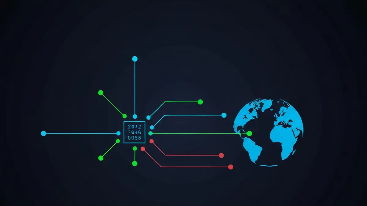 Diagram: A glowing network node labelled by a numeric tag pattern connecting outward to a stylised globe of routes — illustrating what is an ip address