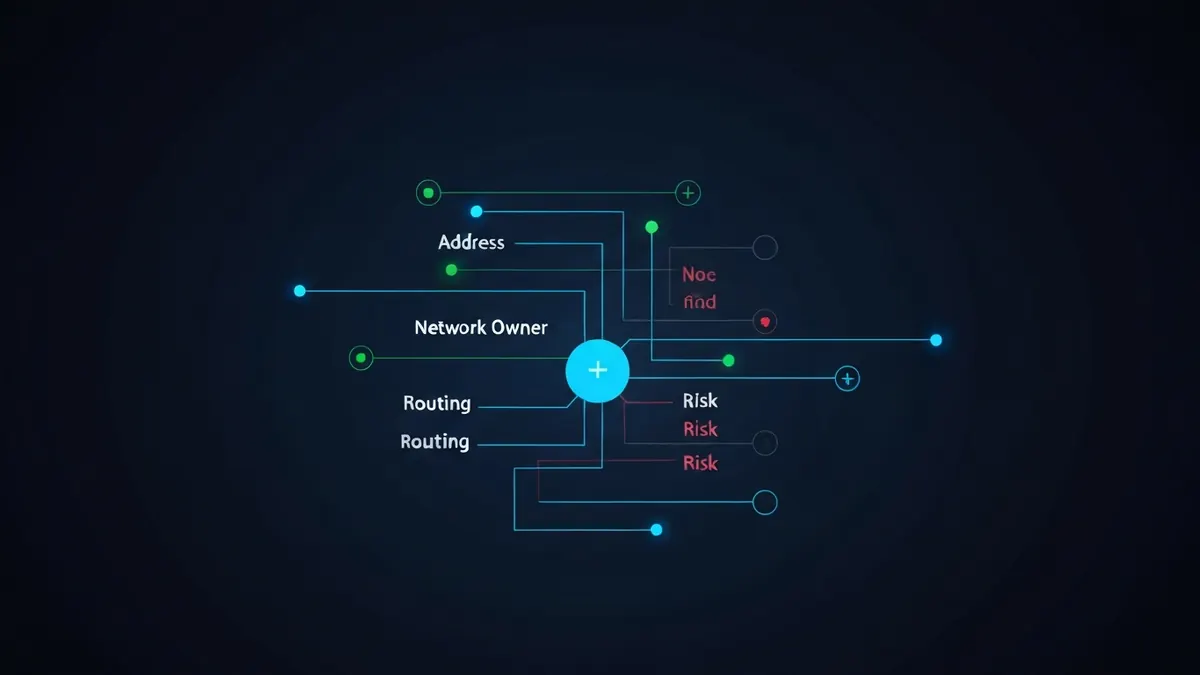 Diagram: An address being resolved into location, network owner, and routing details on an inspection panel — illustrating ip lookup