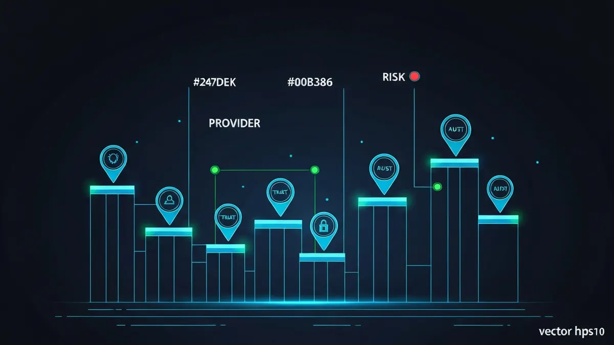 Diagram: Several ranked provider pillars of differing heights topped with trust and audit markers — illustrating best vpns
