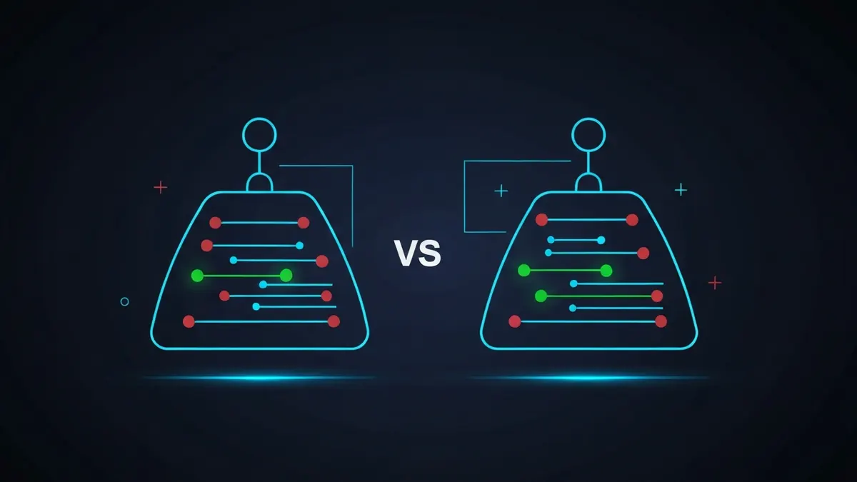 Diagram: Two provider pillars weighed against each other on a balance across evaluation criteria — illustrating nordvpn vs expressvpn