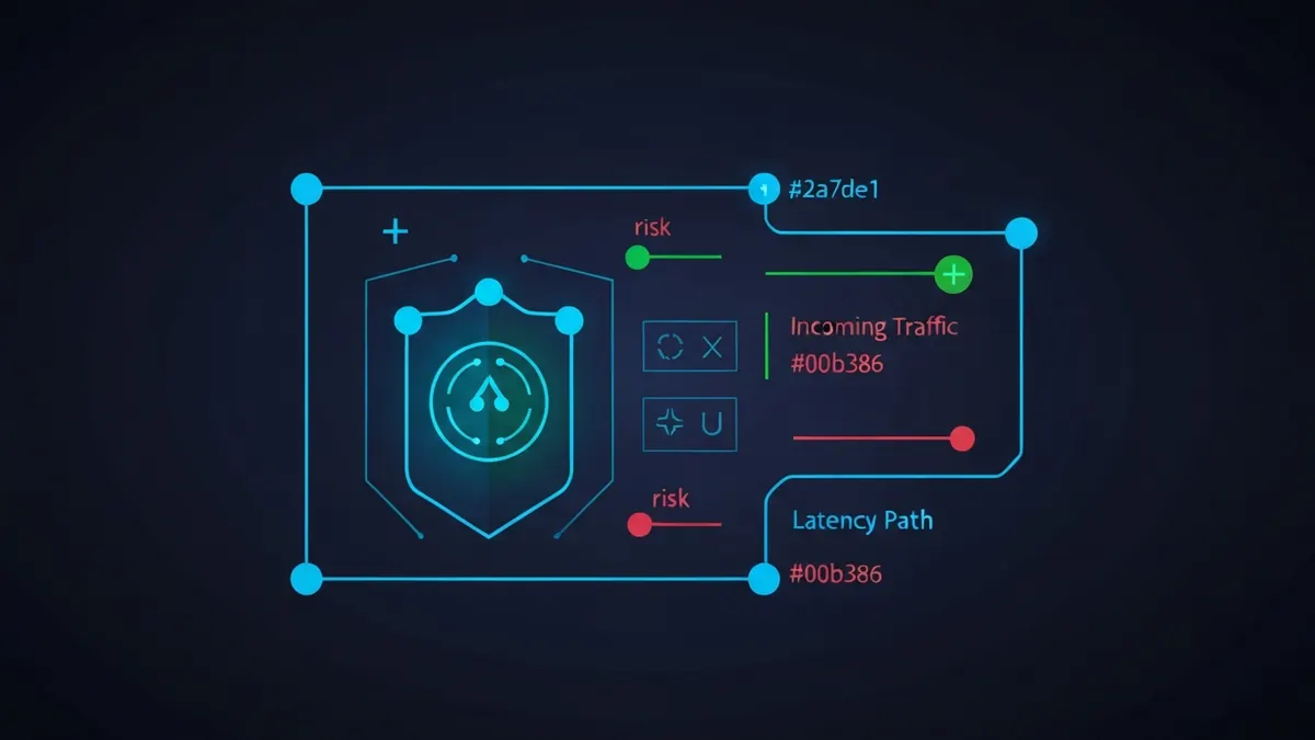 Diagram: A game client shielded from an incoming traffic flood, with a latency path indicator alongside — illustrating vpn for gaming