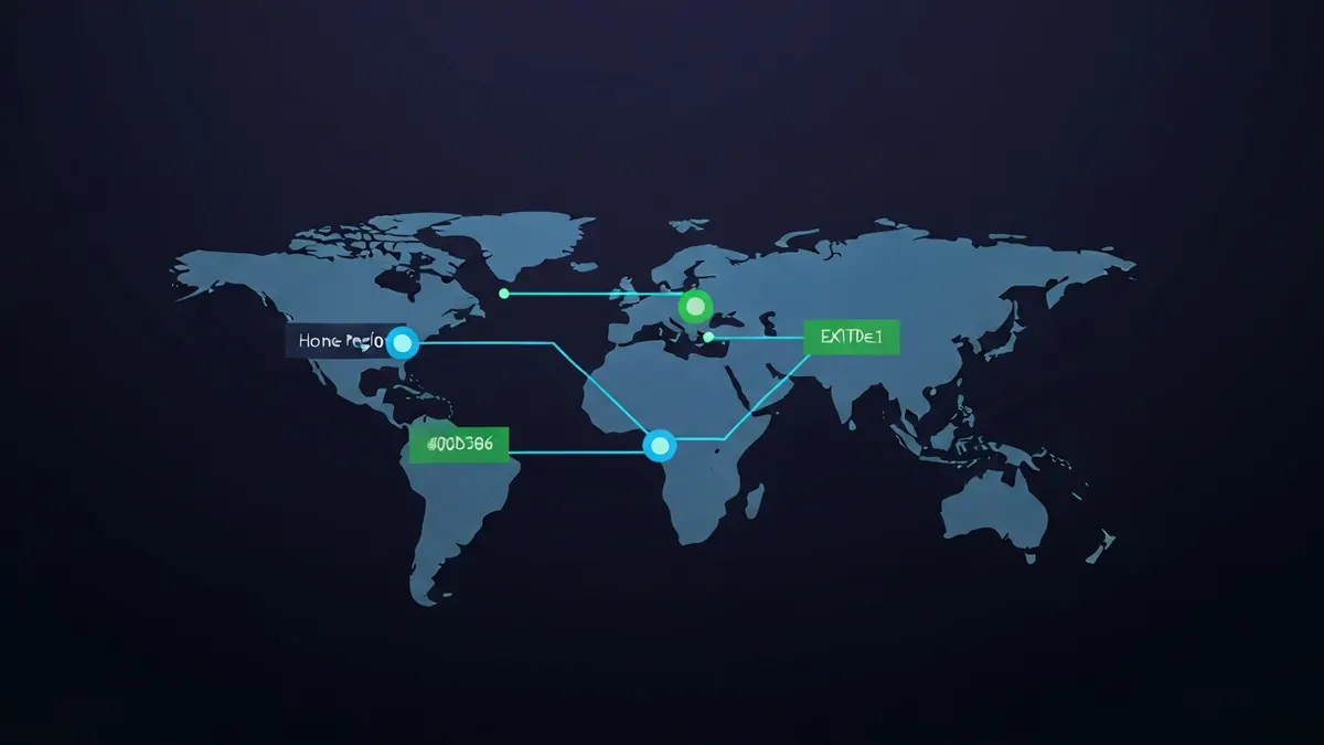 Diagram: A traveller node abroad connecting back through a home-region exit point across a world map — illustrating vpn for travel