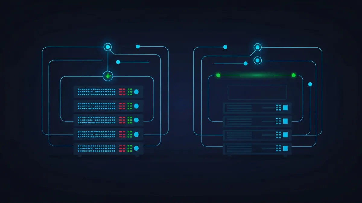 Diagram: Two contrasting server racks, one writing records to disk, one with an empty volatile memory store — illustrating vpn logging policies